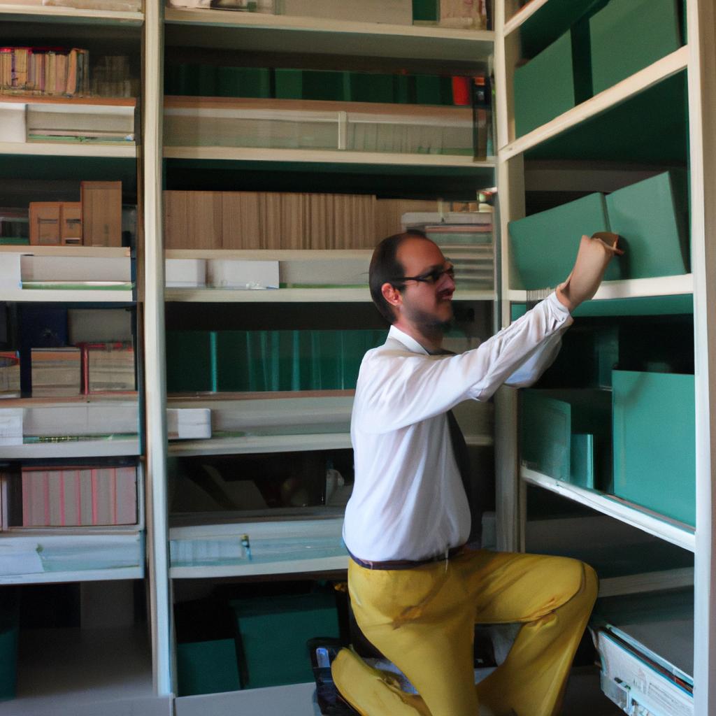 Academic librarian organizing bookshelves