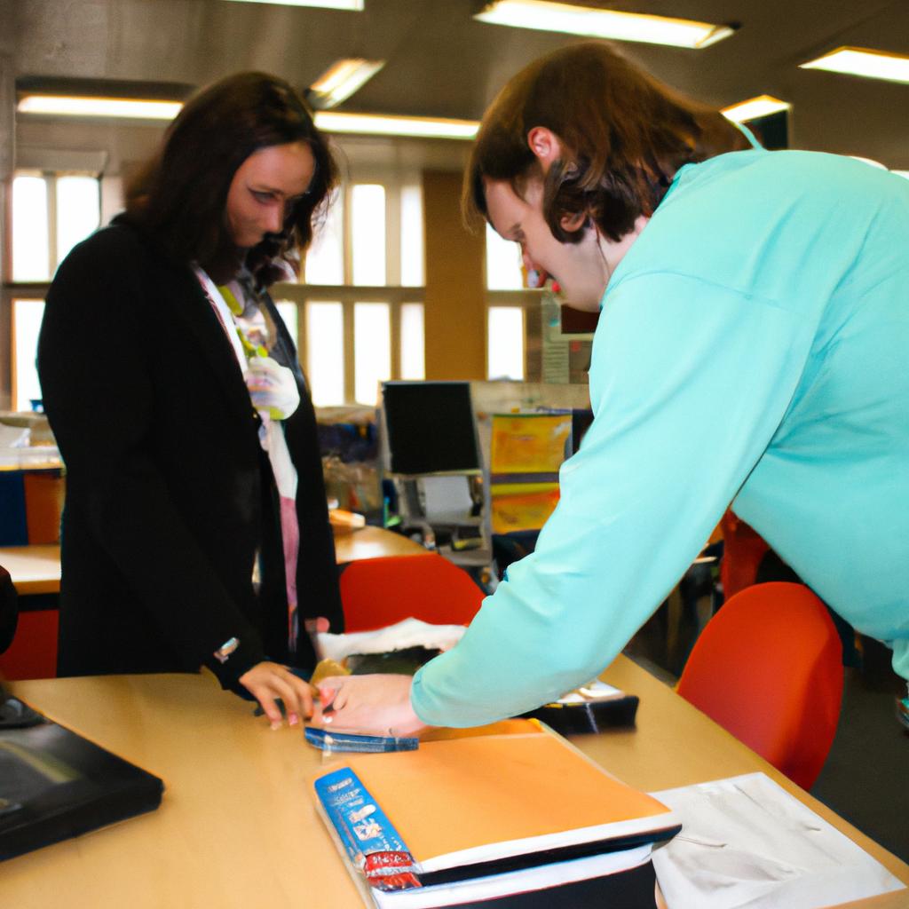 Academic librarian assisting student borrowers