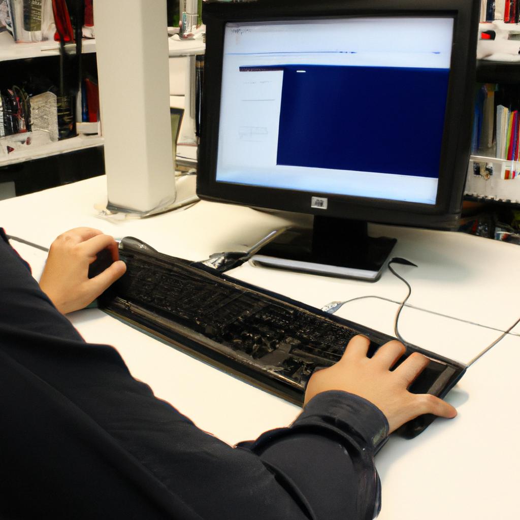 Person using library computer, researching